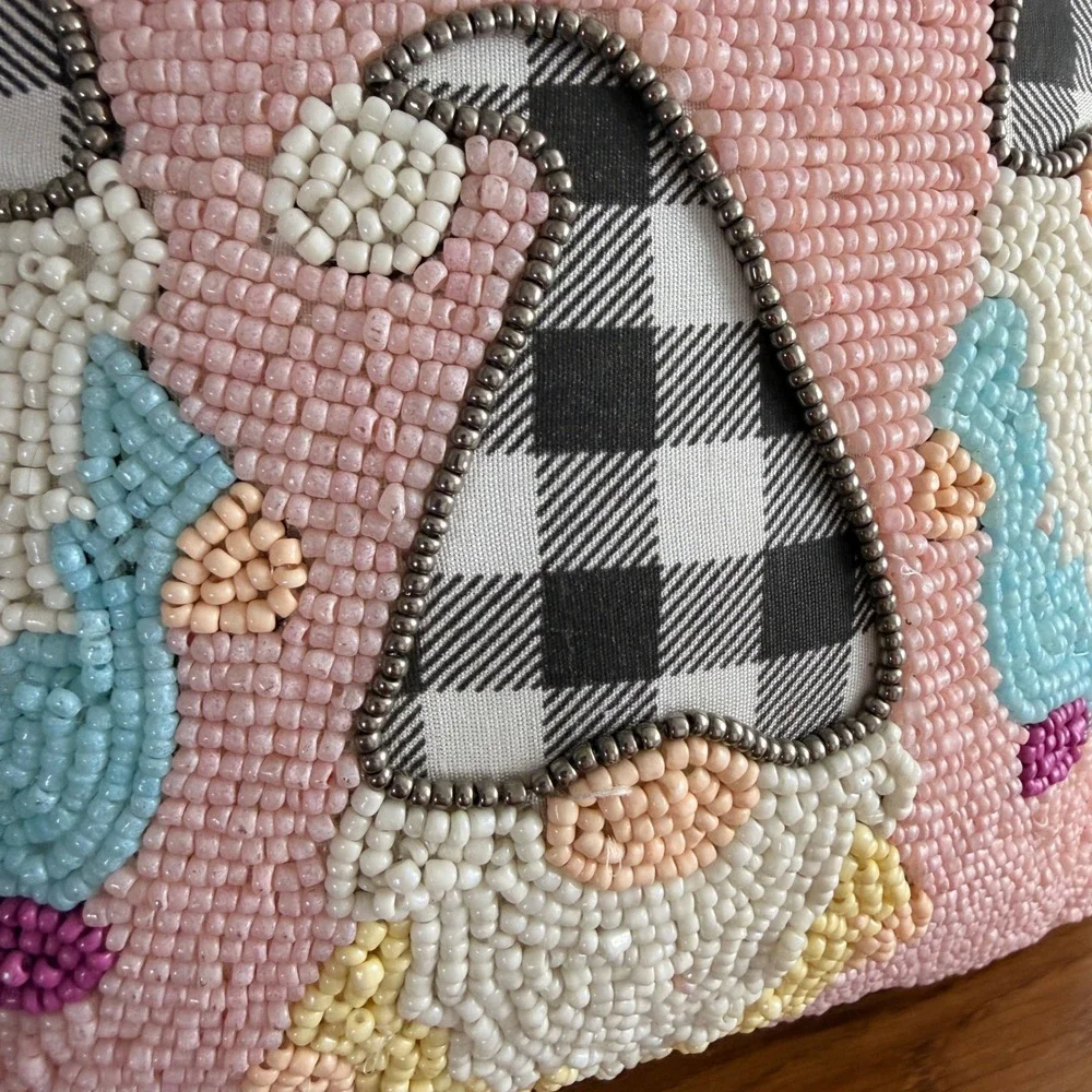 Pink Beaded Gnome Throw Pillow Buffalo Plaid Seed Bead Cottagecore Decor